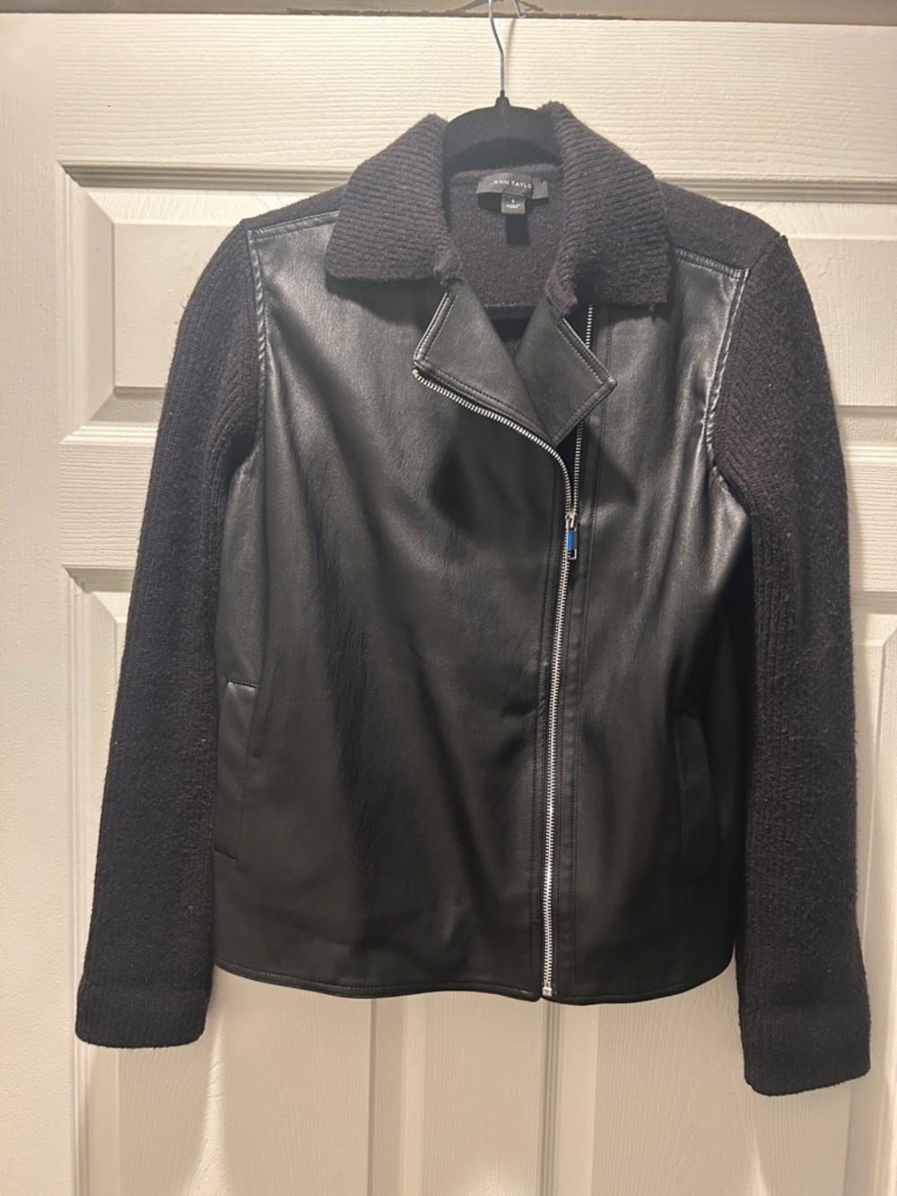 Ann Taylor Black Leather Front Knit-Sleeve Jacket